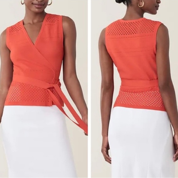 Diane Von Furstenberg Saffa Perforated Knit Wrap Top in Spicy Orange Size Medium - Picture 1 of 10